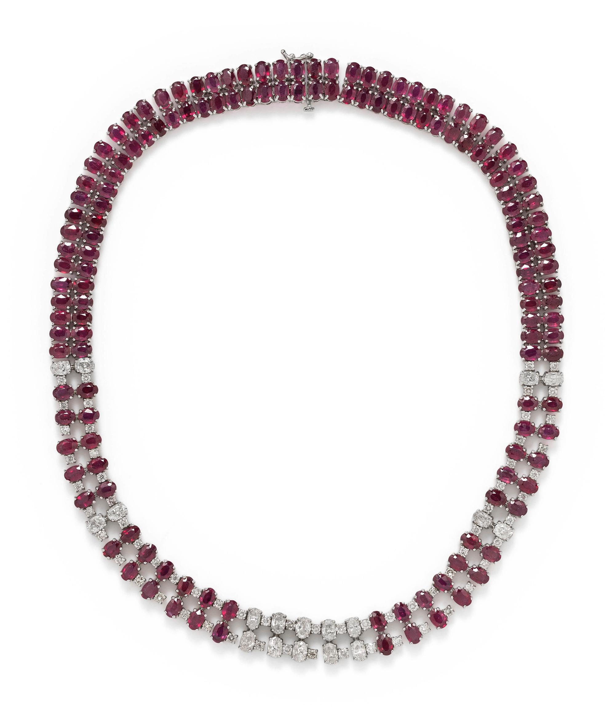 GLASS-FILLED RUBY AND DIAMOND NECKLACE