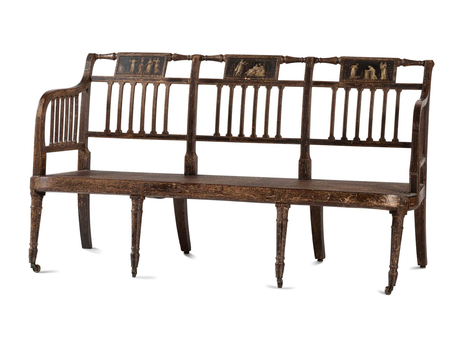 A Regency Grain and Figural Painted Cane-Upholstered Settee