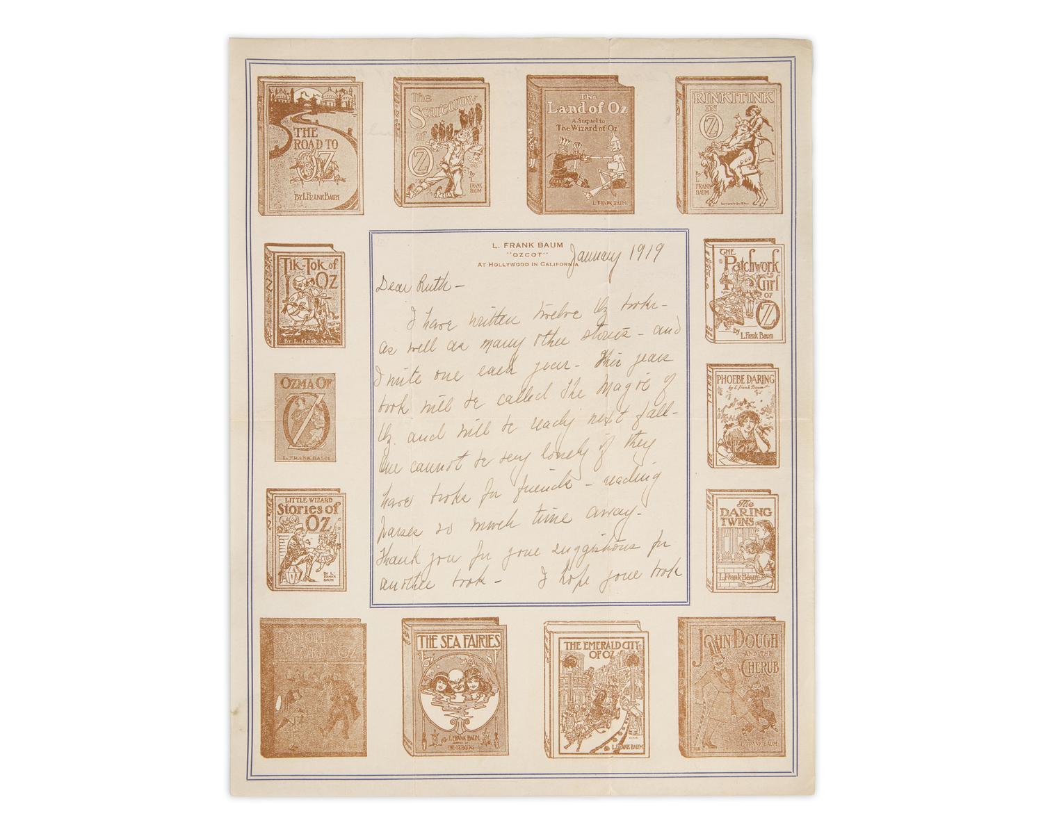 Baum, L. Frank. Manuscript Letter, signed, to Ruth Plumley Thompson