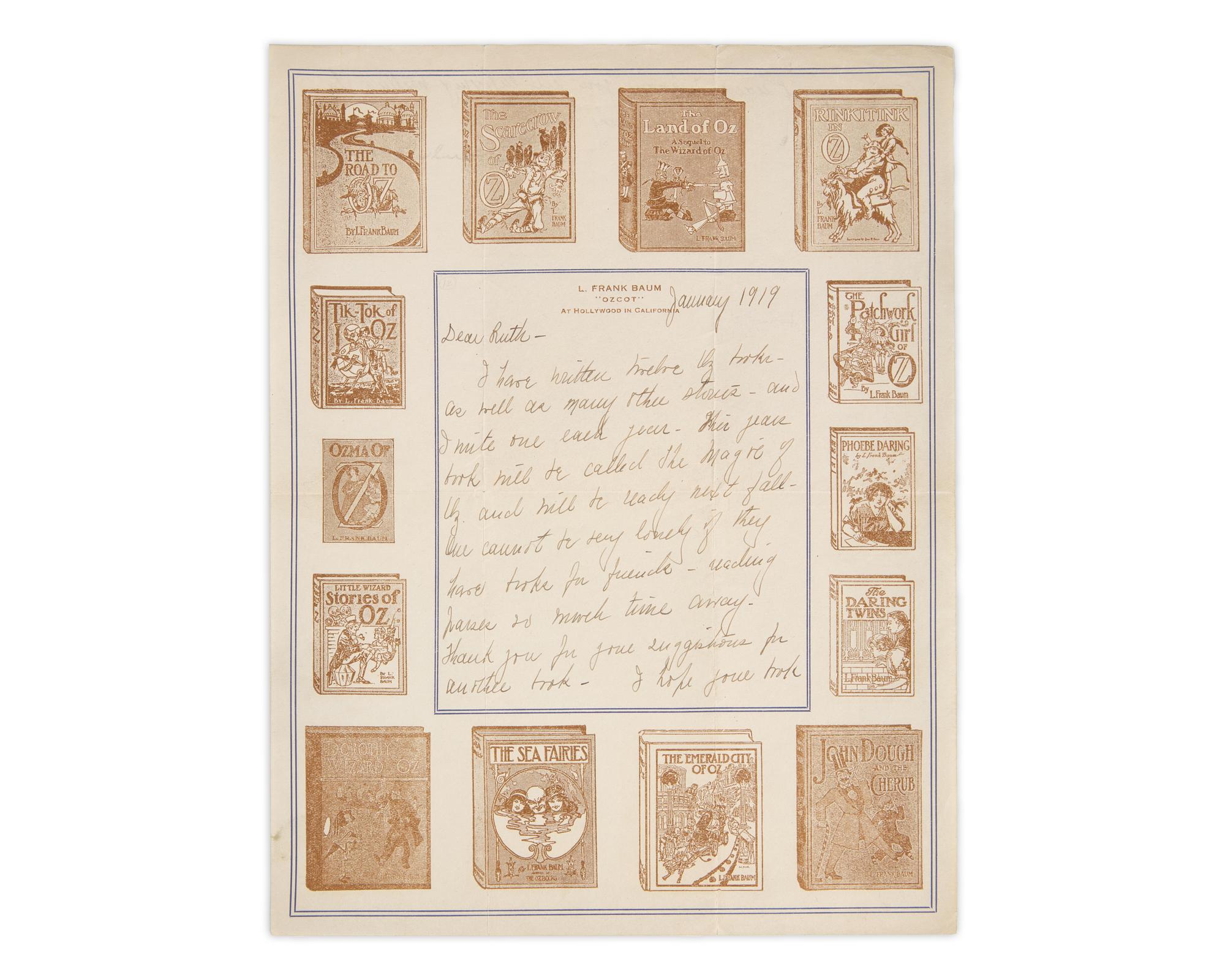 Baum, L. Frank. Manuscript Letter, signed, to Ruth Plumley Thompson