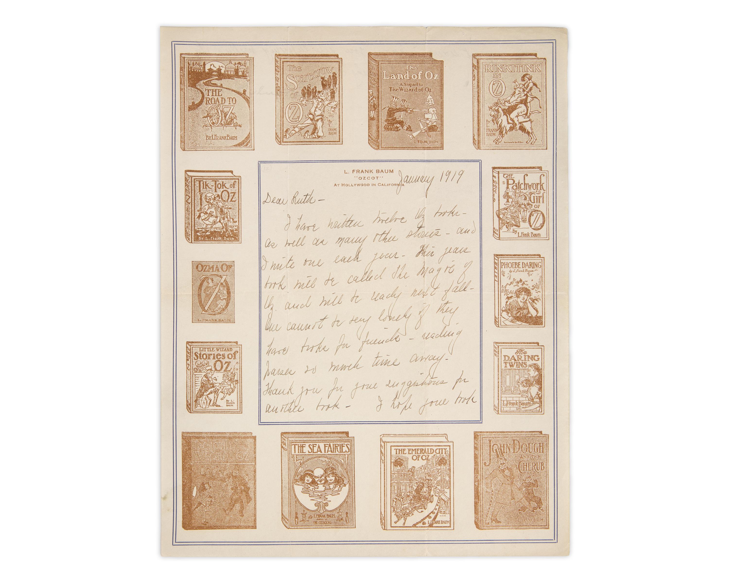 Baum, L. Frank. Manuscript Letter, signed, to Ruth Plumley Thompson