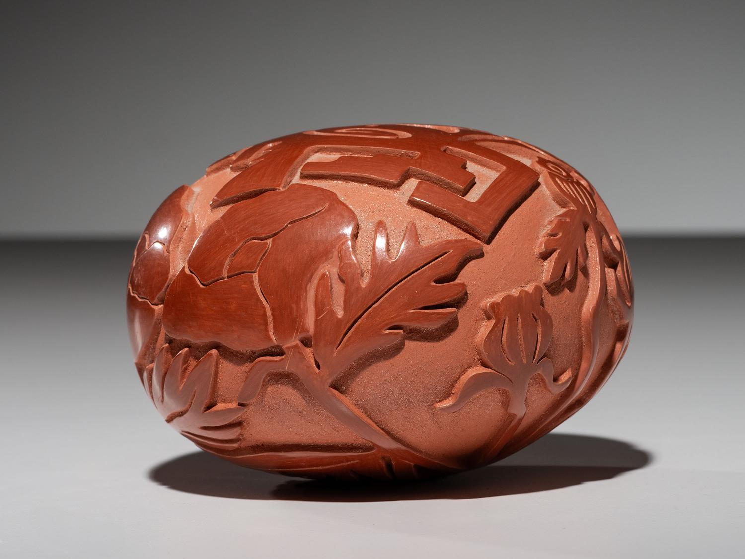 Carved Redware Pottery Jar