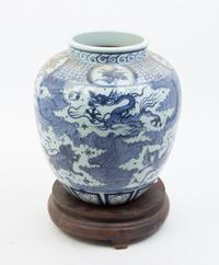 A Blue and White Porcelain Jar Height of porcelain 14 1/2 inches.