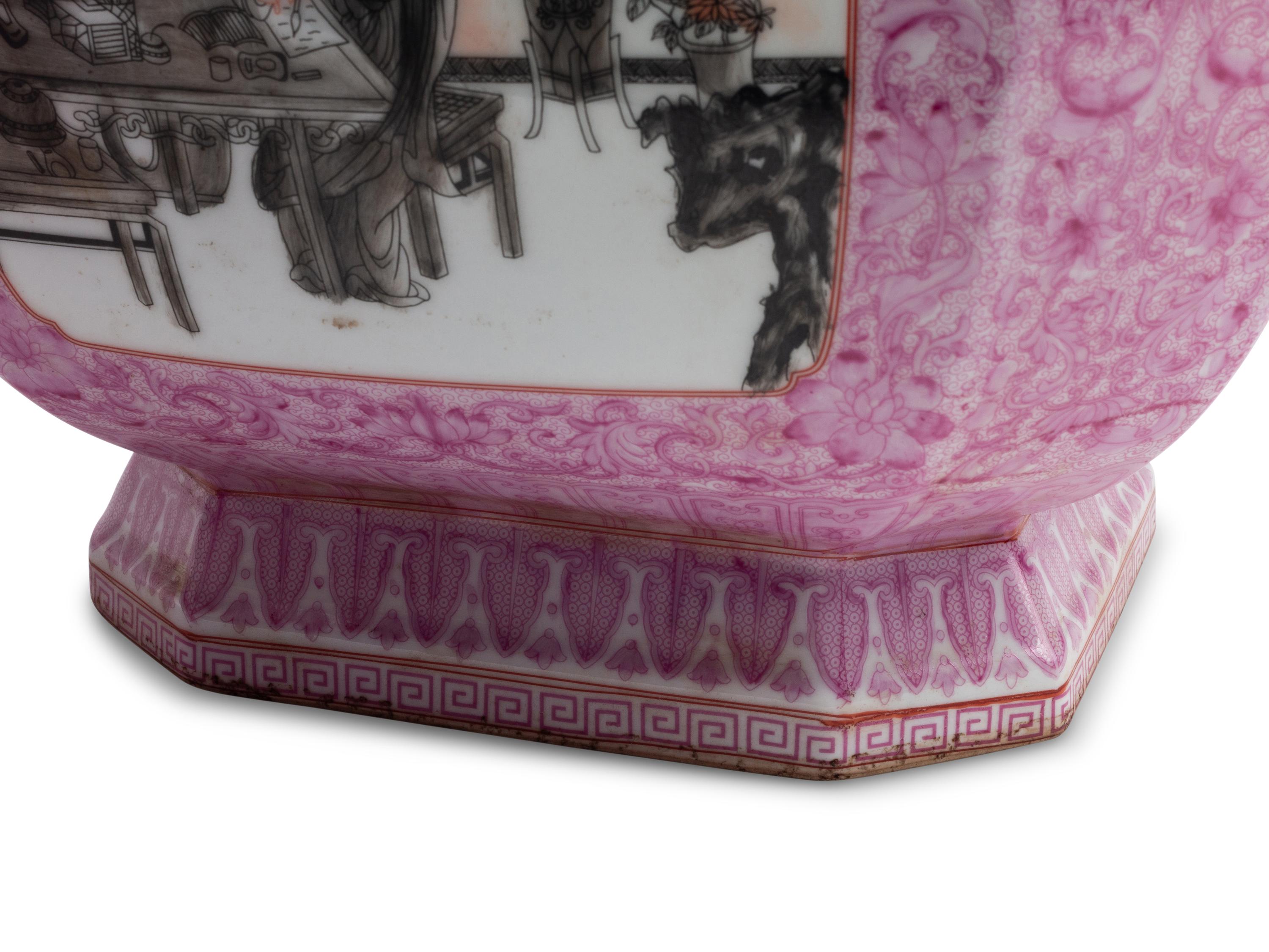 A Pair of Chinese Pink-Ground Porcelain and Grisaille Enamel Vases