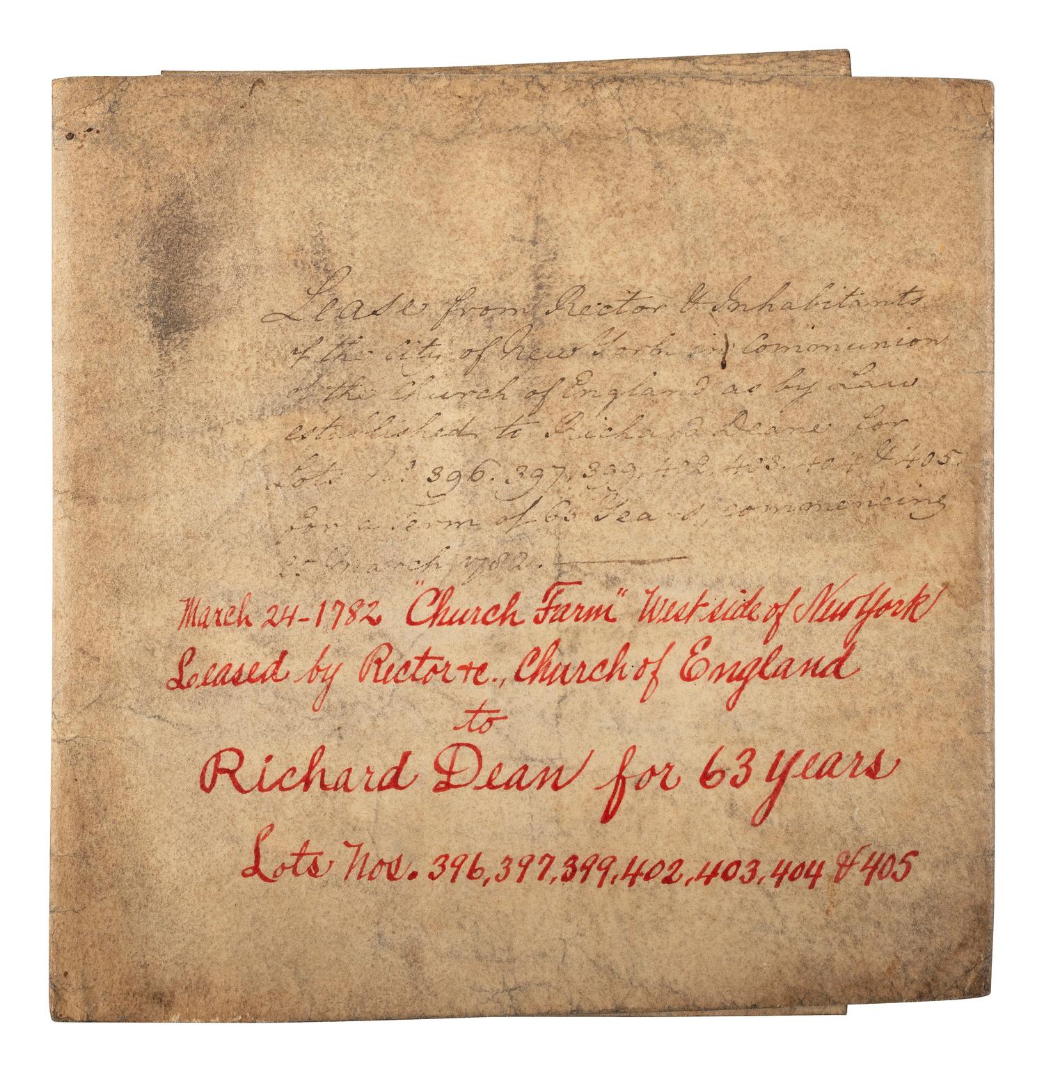 [COLONIAL] -- [NEW YORK]. Manhattan land lease granted to distiller Richard Deane. New York, 24 March 1782.