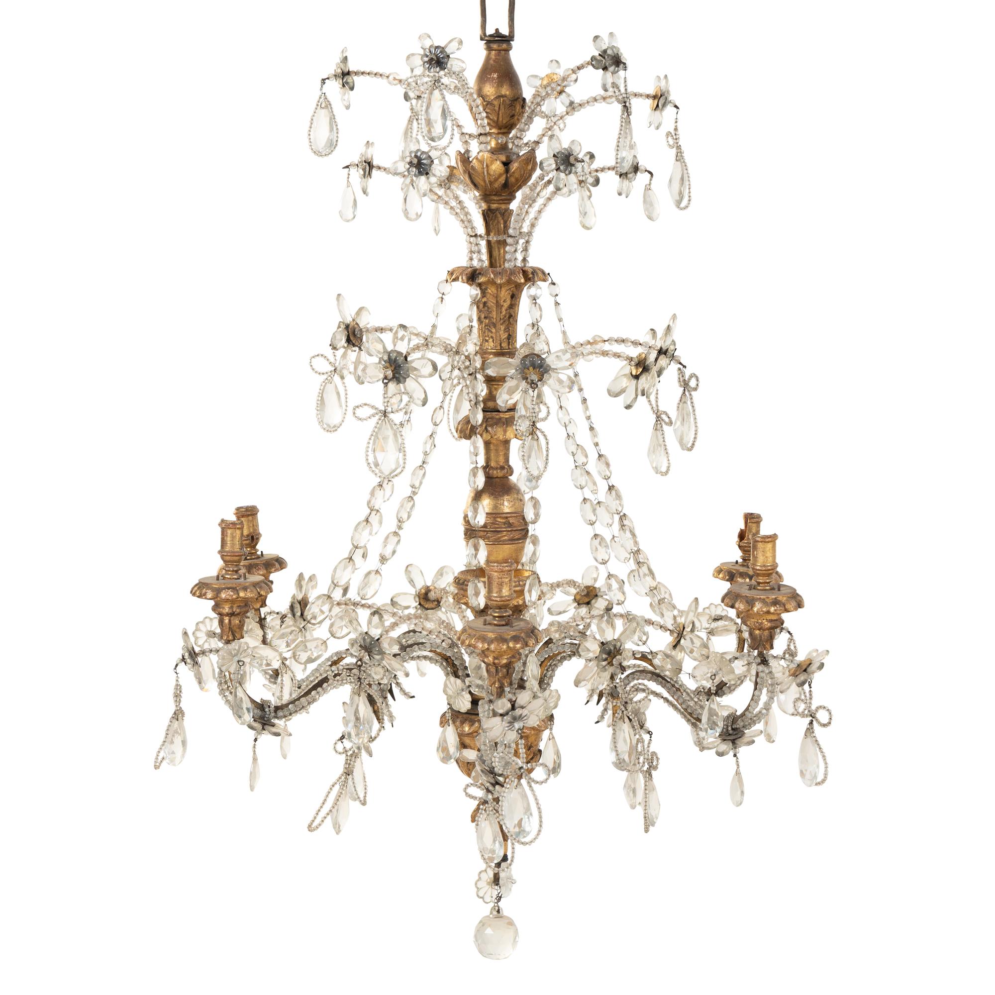 A Pair of Italian Giltwood and Cut-Glass Six-Light Chandeliers