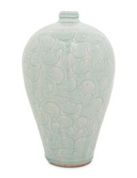 A Chinese Incised Yingqing Glazed Porcelain Meiping Vase