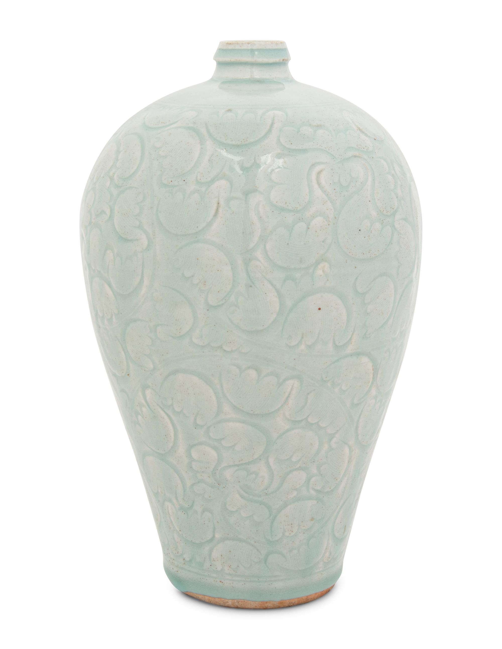 A Chinese Incised Yingqing Glazed Porcelain Meiping Vase