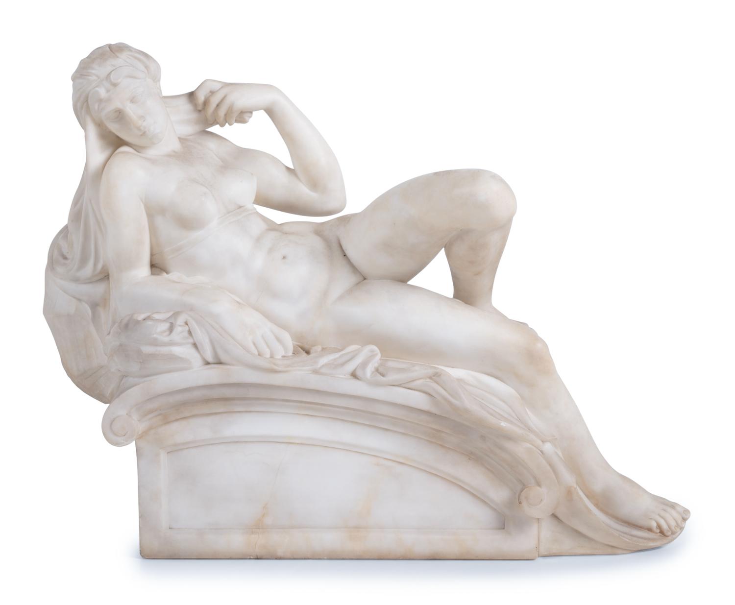 A Pair of Carved Alabaster Figures of Dusk and Dawn , After Michelangelo from The Tomb of Lorenzo de Medici