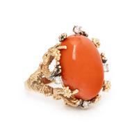 Coral, Diamond, and Yellow Gold Ring
