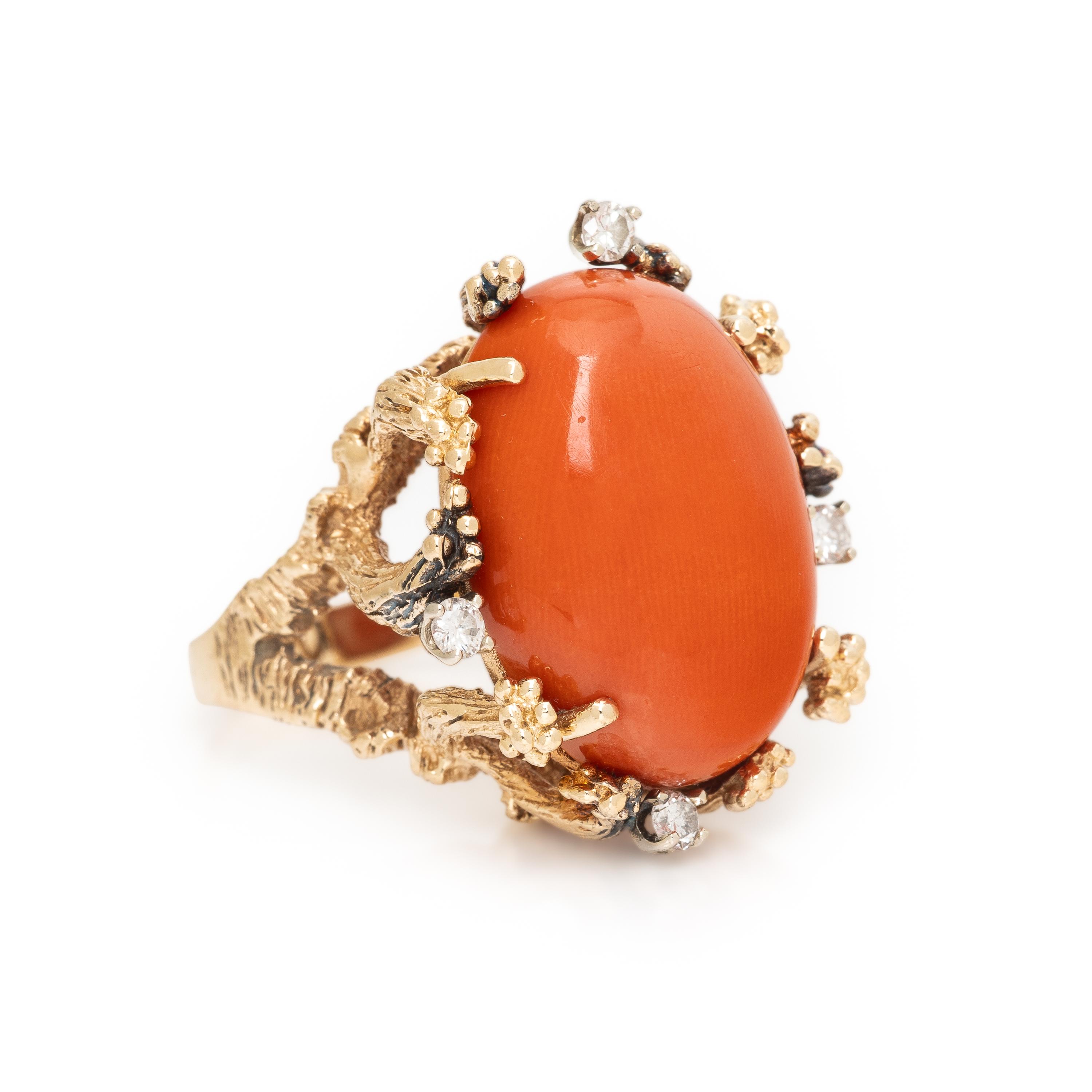 Coral, Diamond, and Yellow Gold Ring