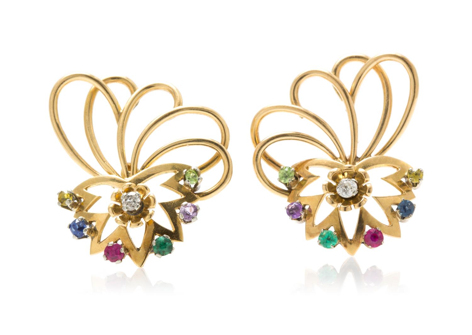 A Pair of 18 Karat Yellow Gold and Multi Gem Earclips, 5.10 dwts.