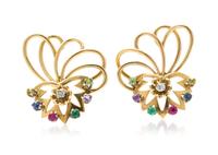 A Pair of 18 Karat Yellow Gold and Multi Gem Earclips, 5.10 dwts.