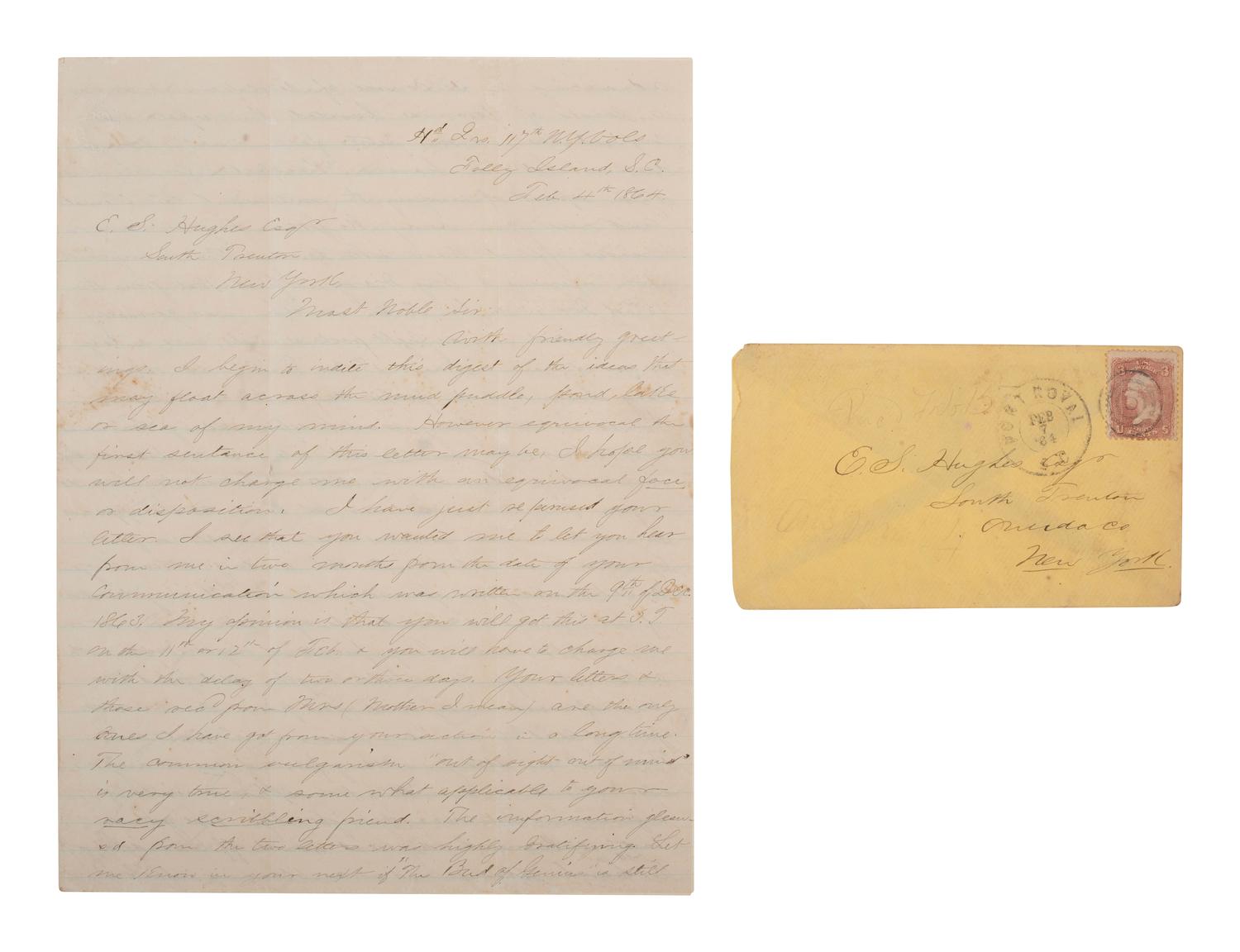[CIVIL WAR]. Soldier's letter describing the use of Greek Fire on Charleston. Folly Island, 1864.
