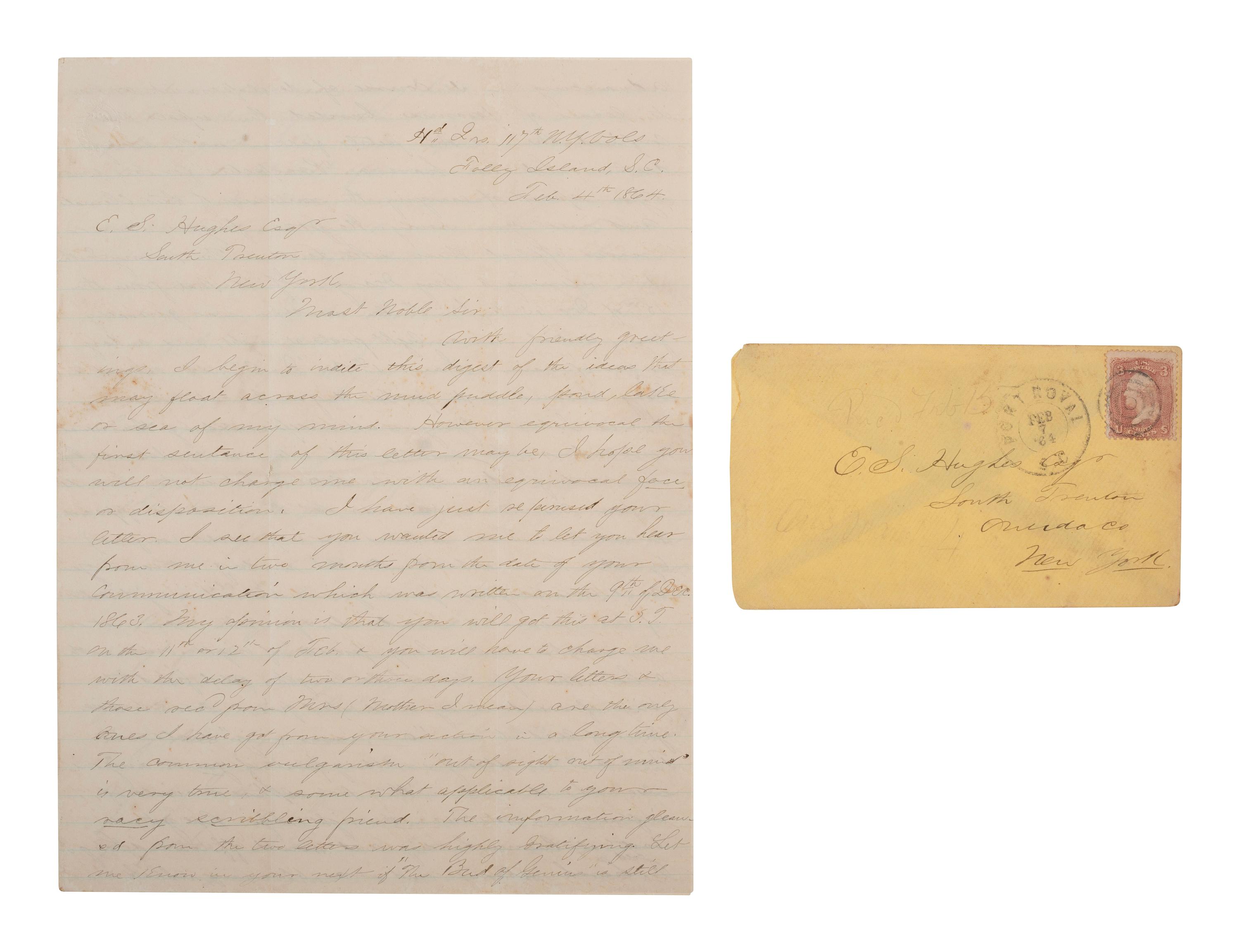[CIVIL WAR]. Soldier's letter describing the use of Greek Fire on Charleston. Folly Island, 1864.