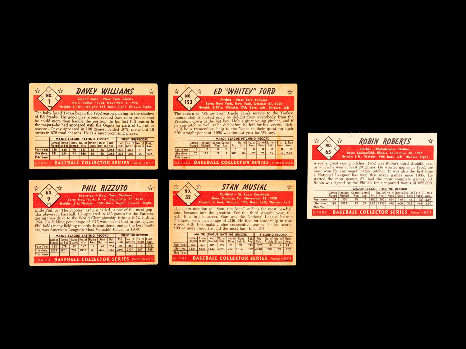 A Group of Five 1953 Bowman Baseball Cards (Including Stan Musial and Whitey Ford),
