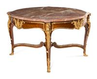 A Louis XV Style Gilt Bronze Mounted Parquetry Marble-Top Center Table