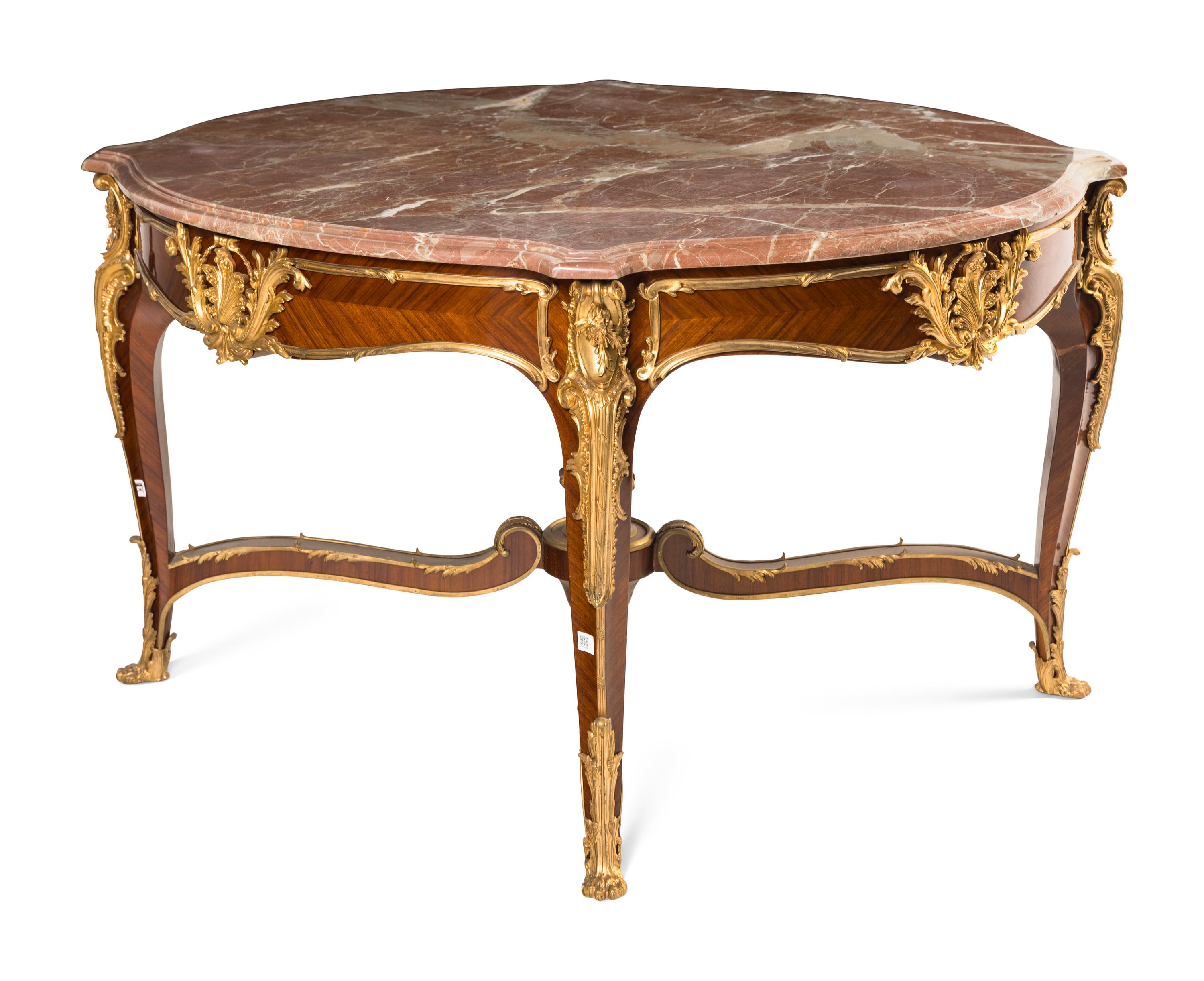 A Louis XV Style Gilt Bronze Mounted Parquetry Marble-Top Center Table