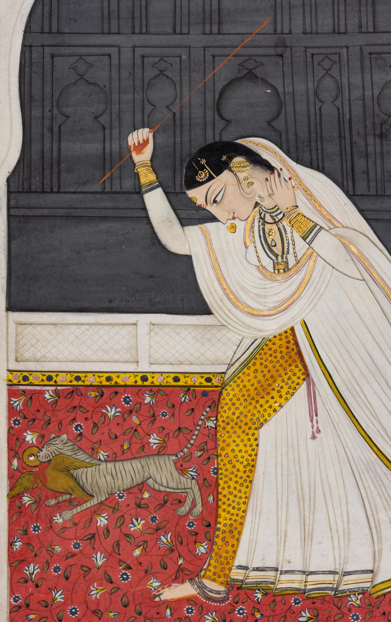 An Indian Painting of a Woman Chasing a Cat Thief, Punjab Hills, Kangra, 1800-1820 1800-1820年 印度旁遮普山丘岡格拉派細密畫《逐貓圖》