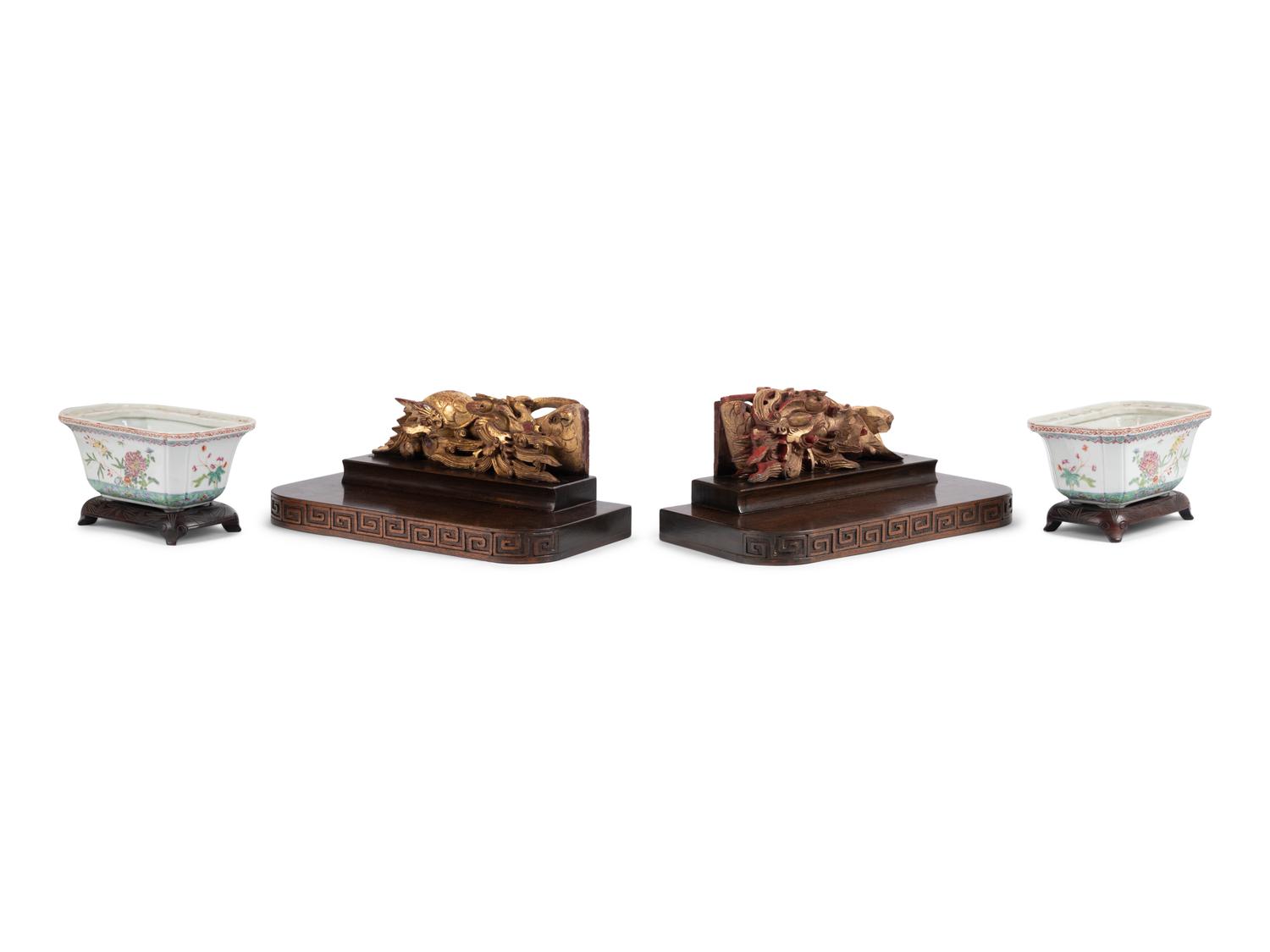 A Pair of Chinese Export Porcelain Jardinières and a Pair of Chinese Giltwood Brackets