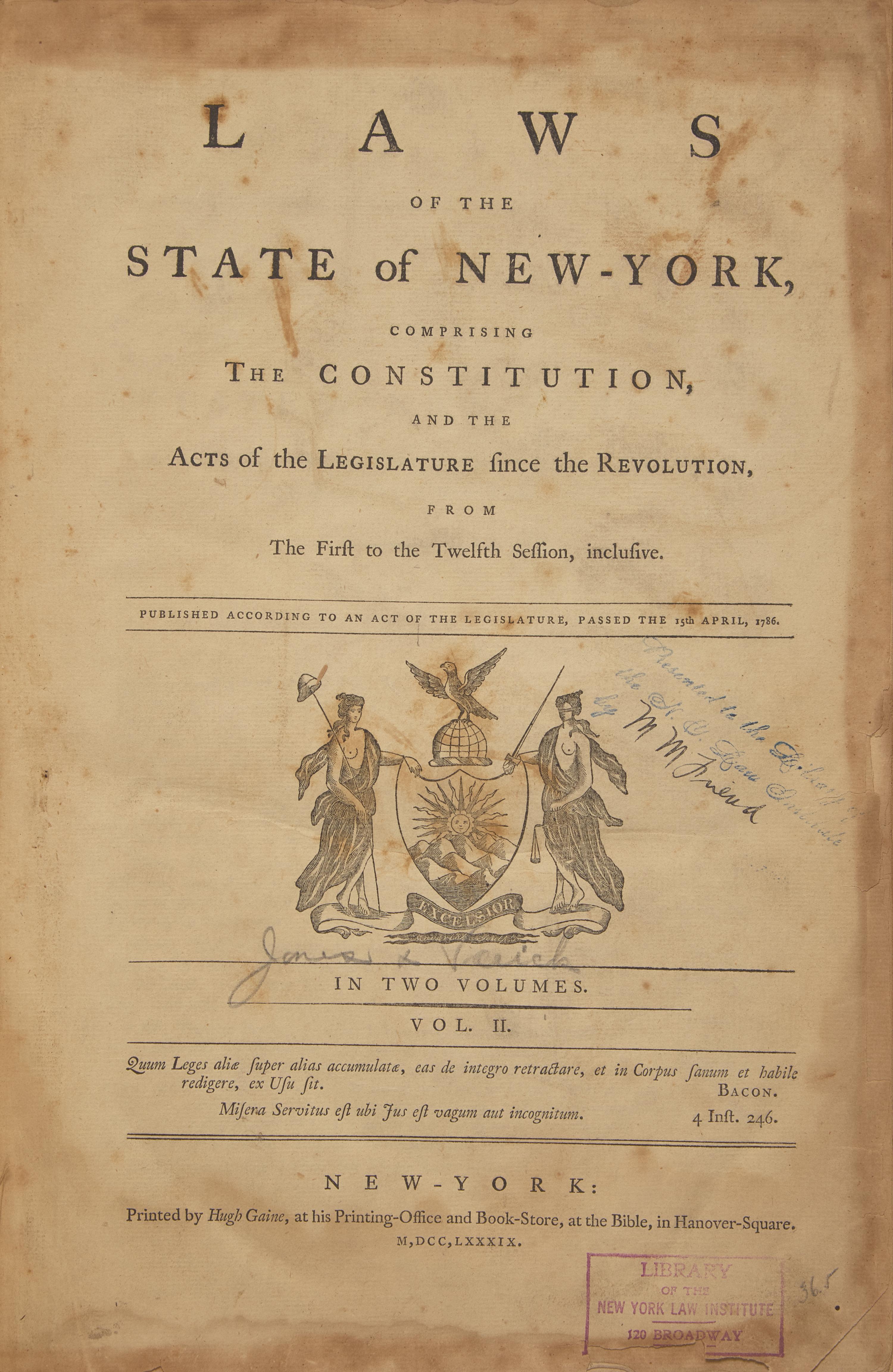 [American Law] Group of 2 Volumes of New York Session Laws