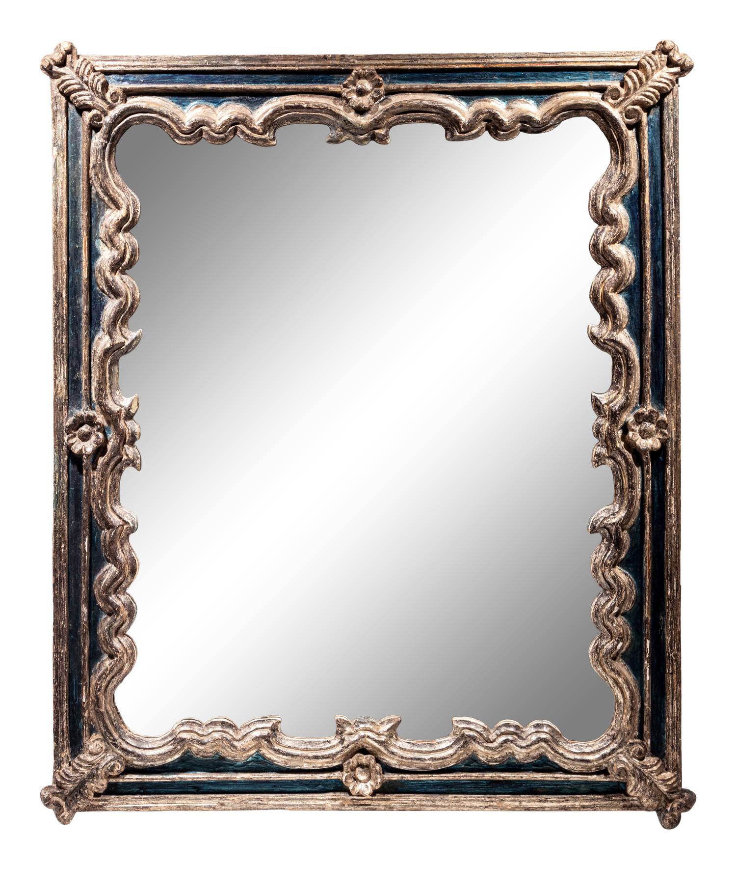 An Italian Baroque Style Blue-Painted and Parcel Gilt Mirror