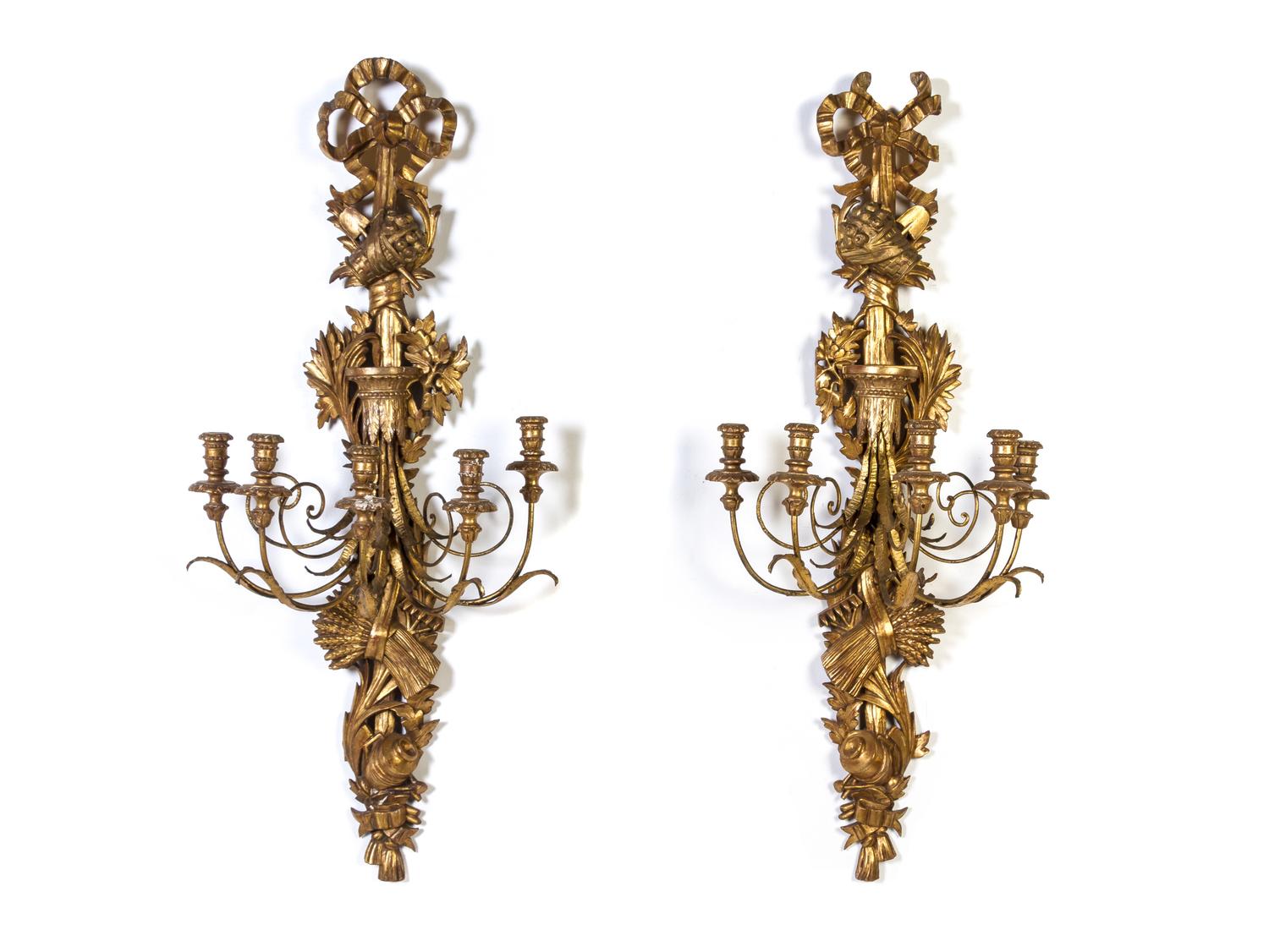 A Pair of Louis XV Style Giltwood Five-Light Sconces, Height 44 inches.