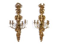 A Pair of Louis XV Style Giltwood Five-Light Sconces, Height 44 inches.
