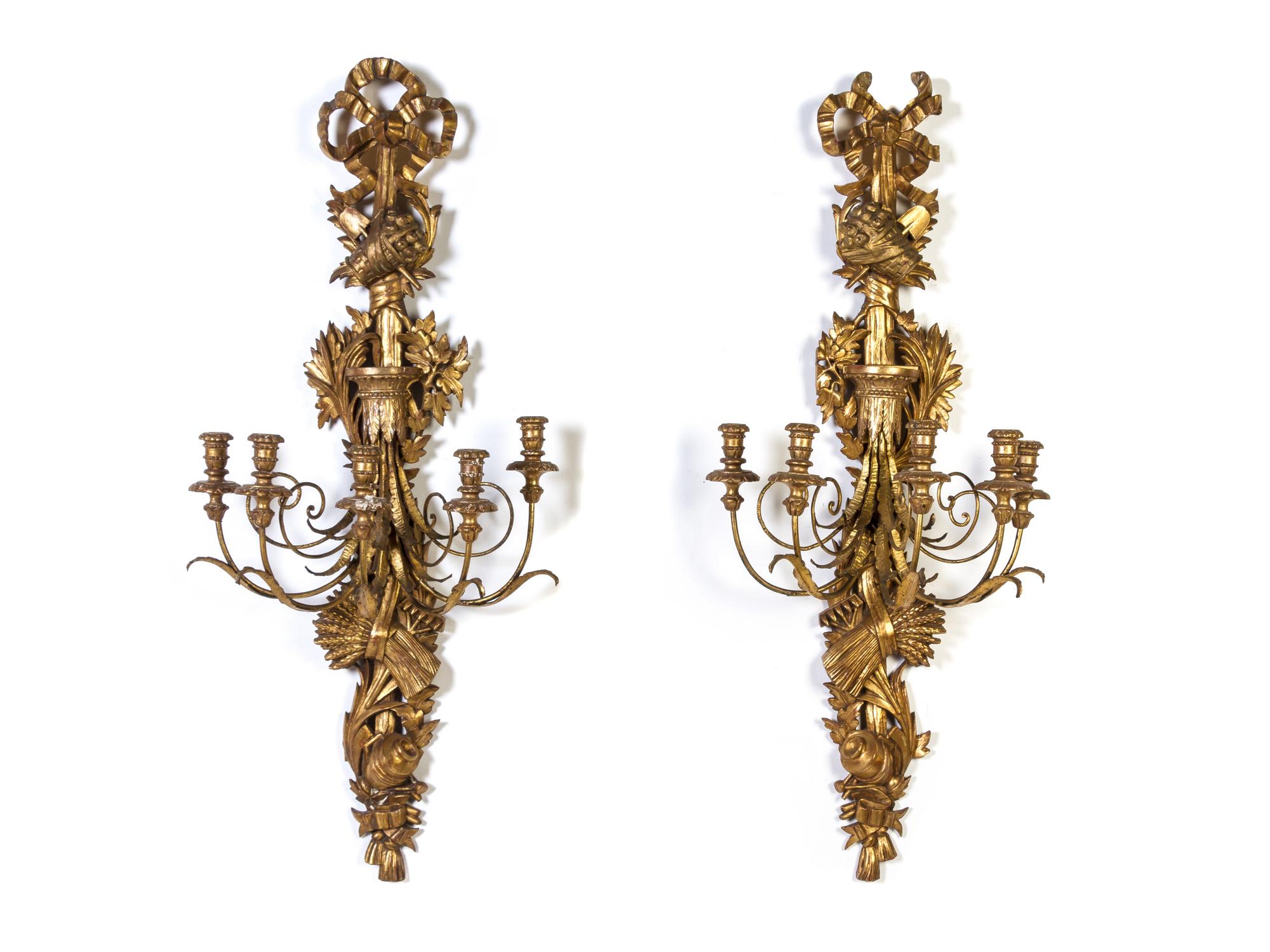 A Pair of Louis XV Style Giltwood Five-Light Sconces, Height 44 inches.