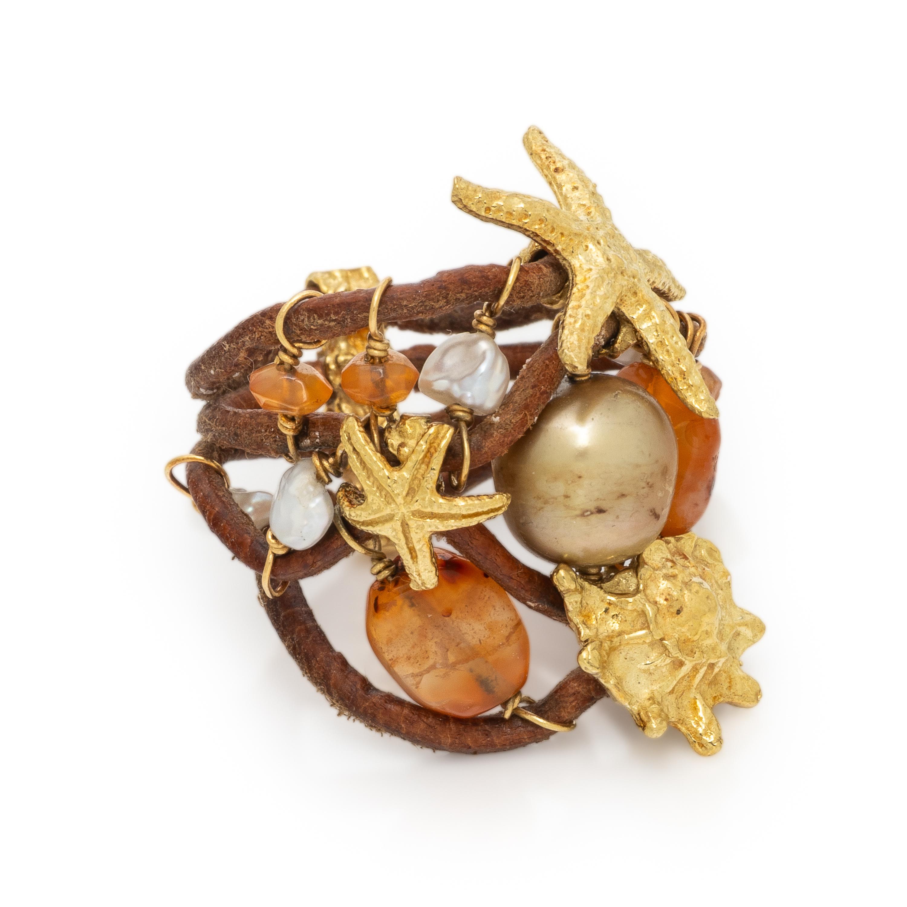 Multigem, Leather, and Yellow Gold Aquatic Ring