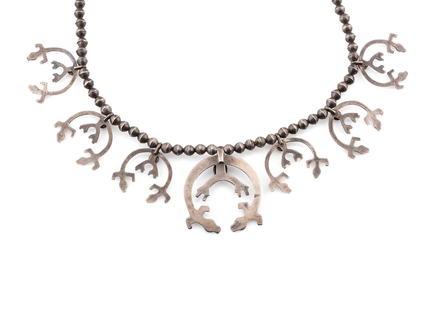 Navajo Rainbow Man Silver and Coral Squash Blossom Necklace