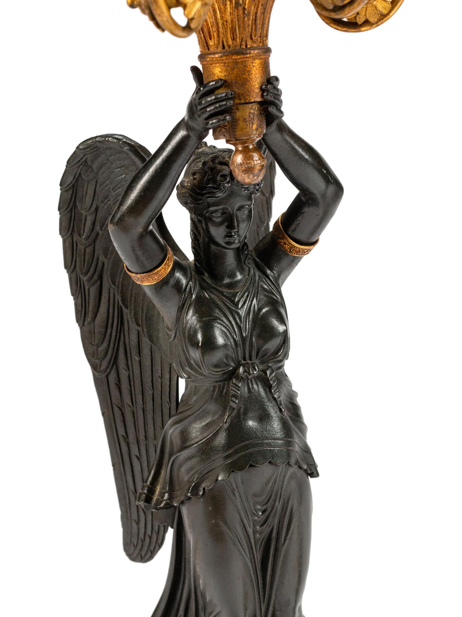 A Pair of Empire Parcel-Gilt and Patinated Bronze Six-Light Candelabra — 19TH CENTURY