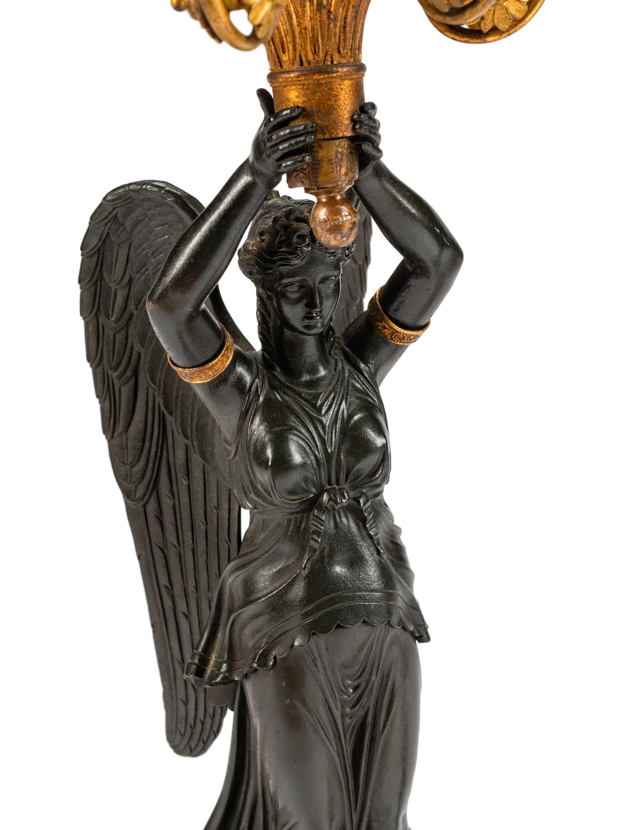 A Pair of Empire Parcel-Gilt and Patinated Bronze Six-Light Candelabra — 19TH CENTURY
