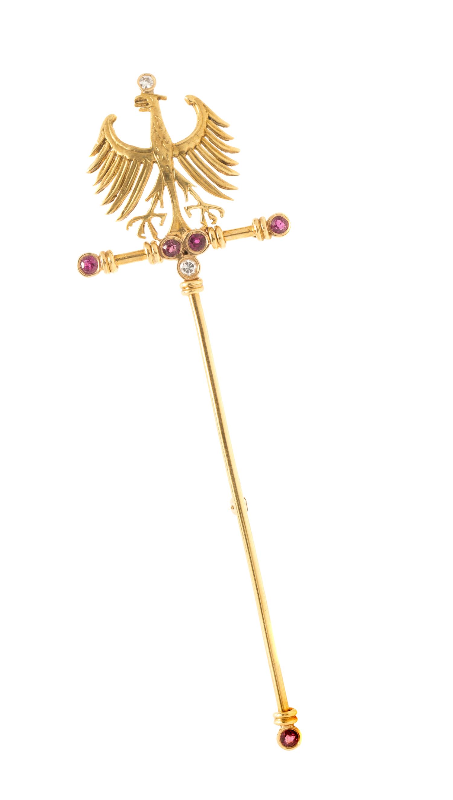 An 18 Karat Yellow Gold, Ruby and Diamond Brooch, Laurence De Vries, 6.70 dwts.