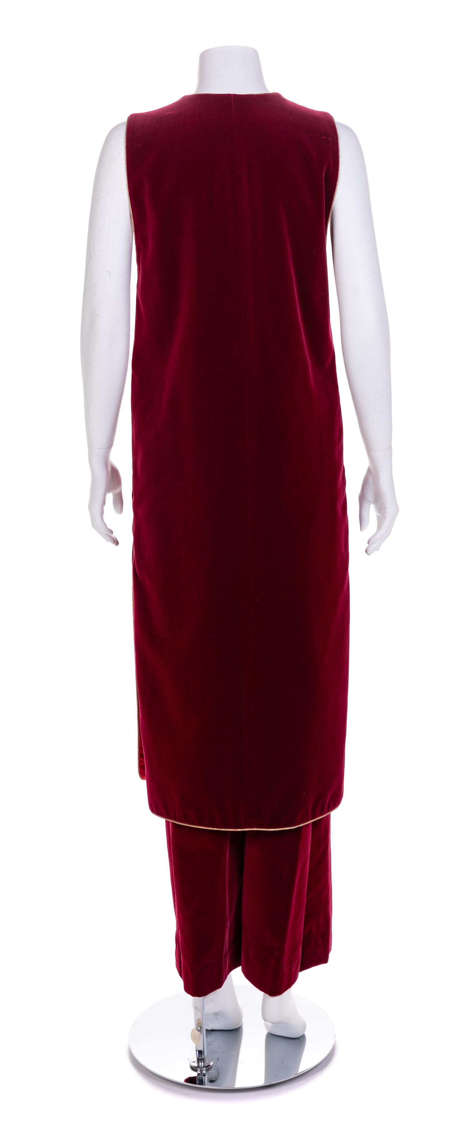 Saint Laurent Red Velvet Long Vest and Pants, 1970-80s Vest size label: 42; Pants: no size