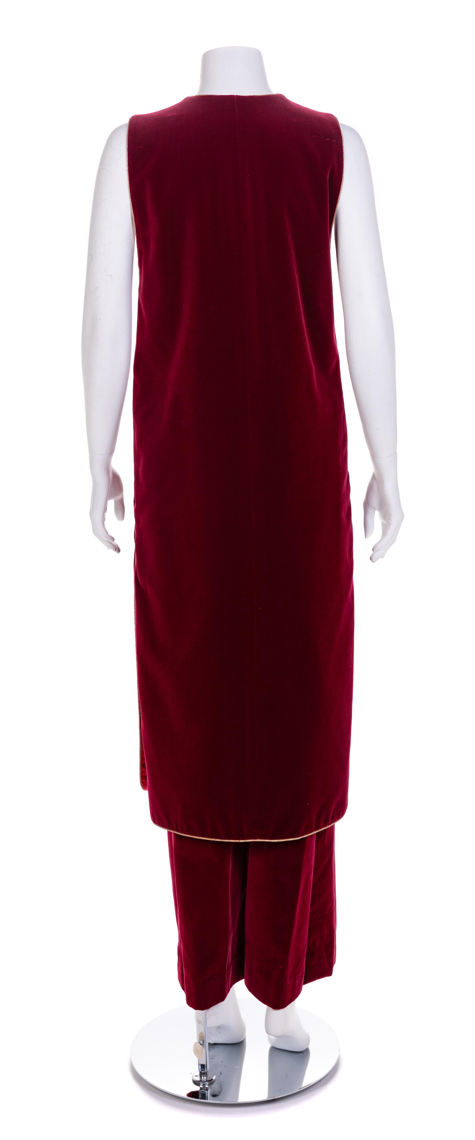 Saint Laurent Red Velvet Long Vest and Pants, 1970-80s Vest size label: 42; Pants: no size