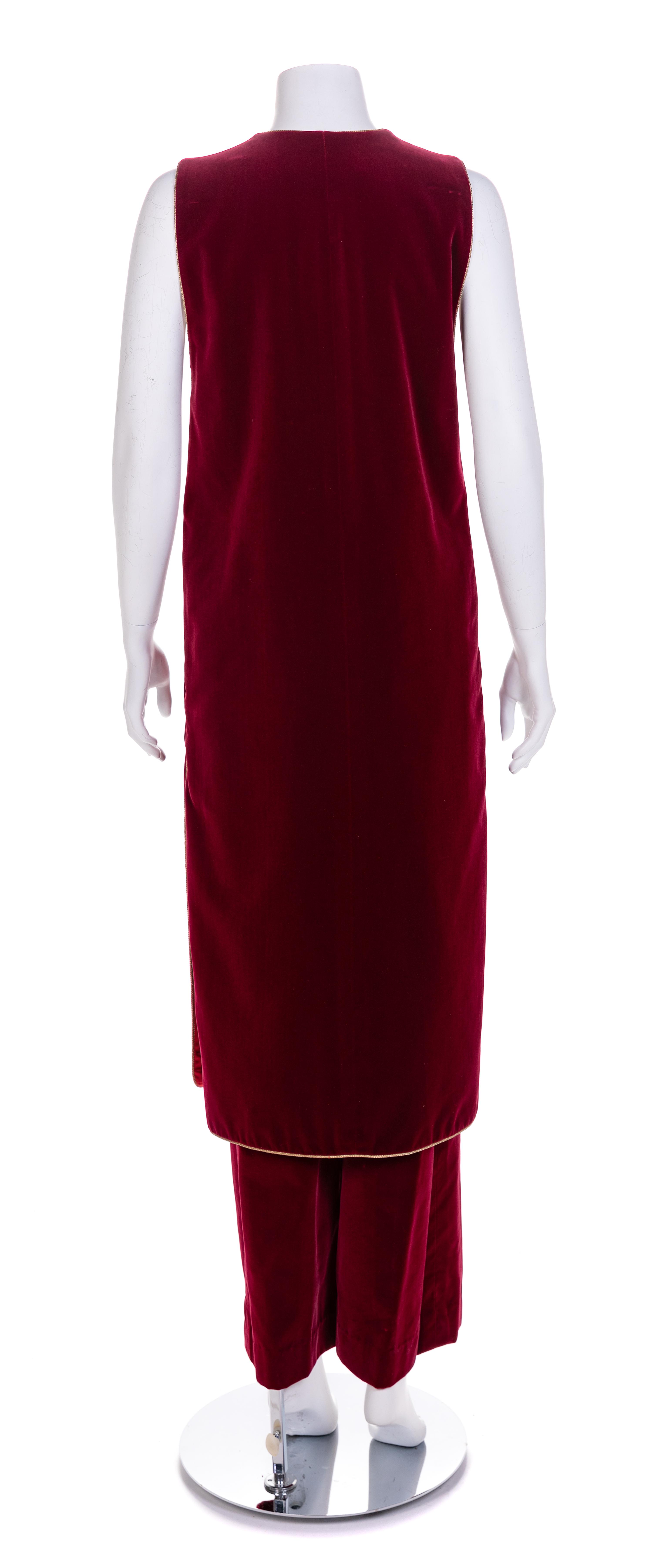 Saint Laurent Red Velvet Long Vest and Pants, 1970-80s Vest size label: 42; Pants: no size