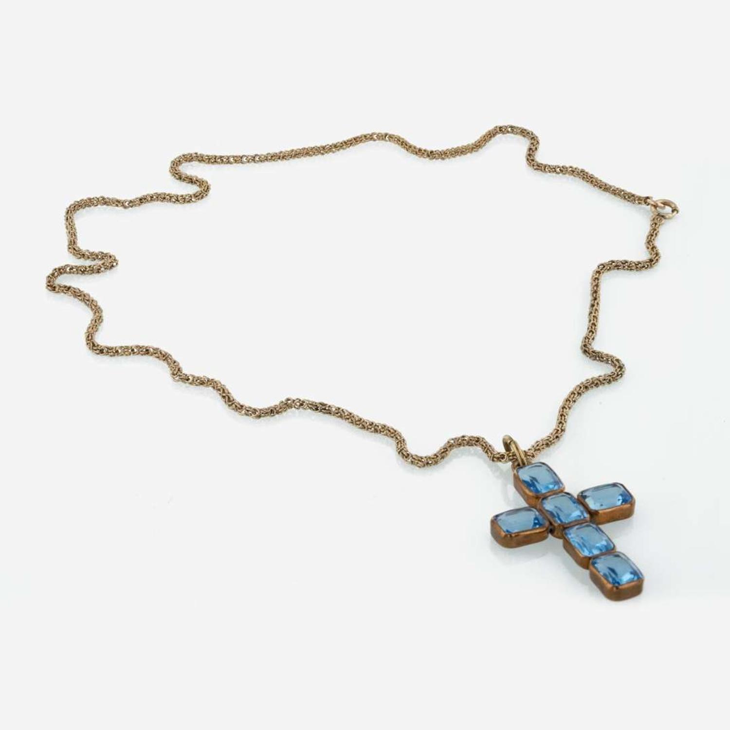 A Rose Gold and Blue Glass Cross Necklace
