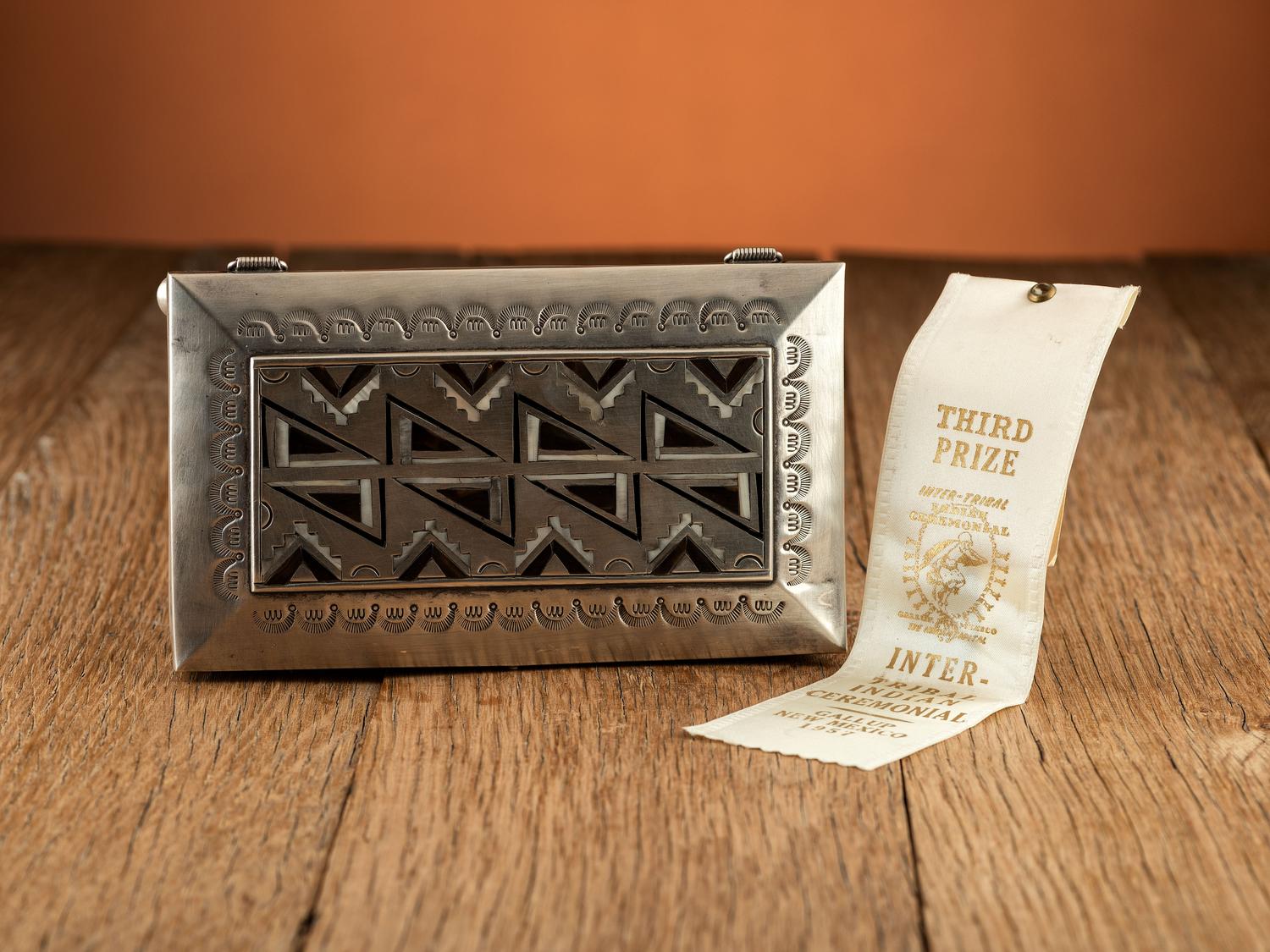 Award Winning Heavily Stamped Sterling Silver Box with Mosaic Inlay