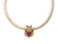 YELLOW GOLD, AMETHYST AND DIAMOND PENDANT/NECKLACE