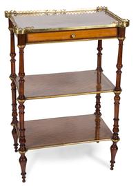 A Louis XVI Style Gilt Bronze Mounted Marquetry Three-Tier Table Height 31 x width 20 3/4 x depth 14 inches. — 19TH CENTURY