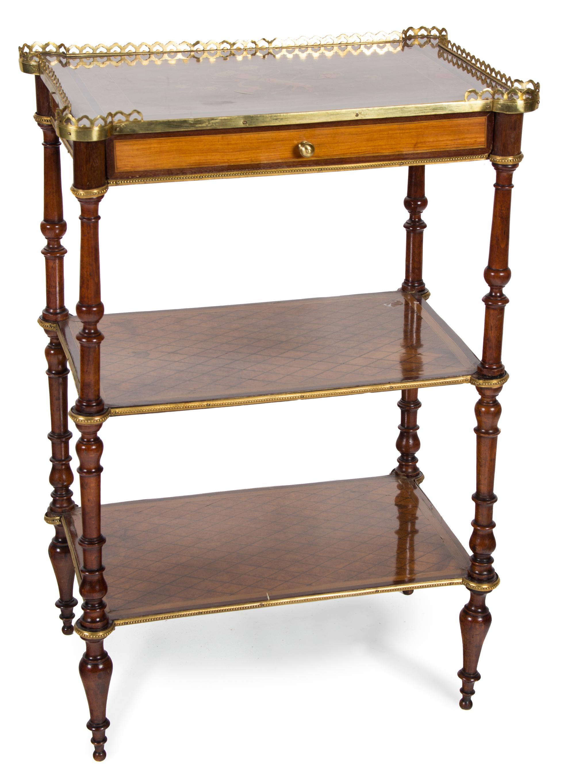 A Louis XVI Style Gilt Bronze Mounted Marquetry Three-Tier Table Height 31 x width 20 3/4 x depth 14 inches. — 19TH CENTURY