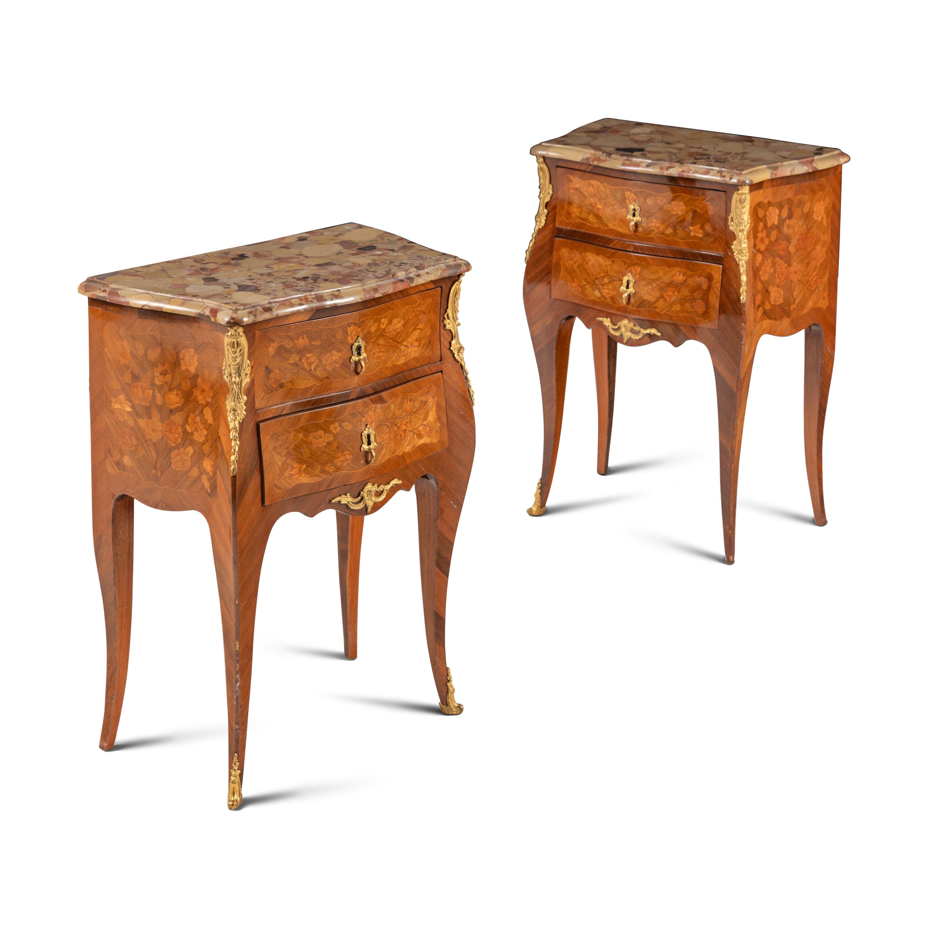 A Pair of Louis XV Style Gilt Bronze Mounted Satinwood, Marquetry and Breche d’Alep Marble-Top Side Tables