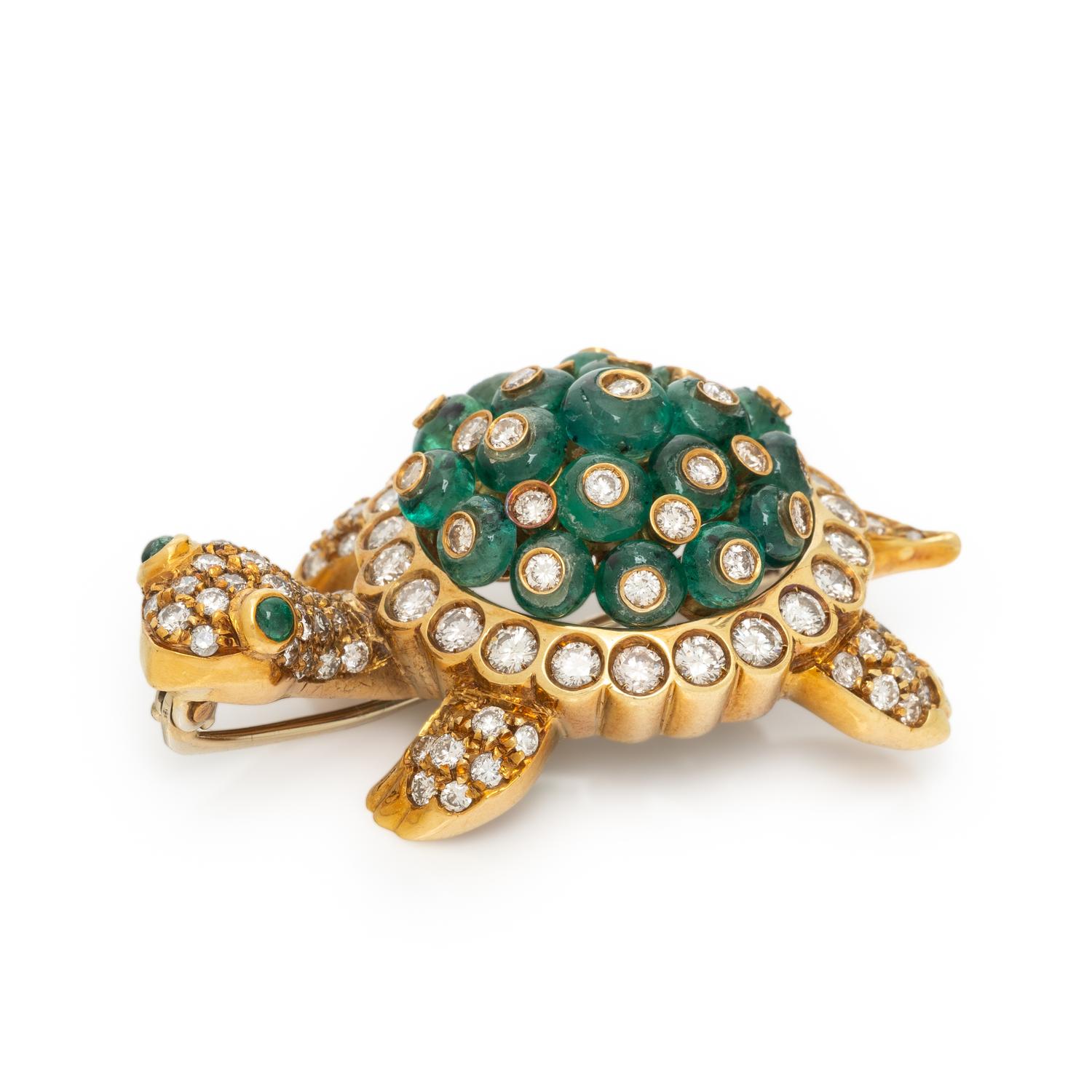GIOVANE, EMERALD, DIAMOND, AND YELLOW GOLD TURTLE BROOCH