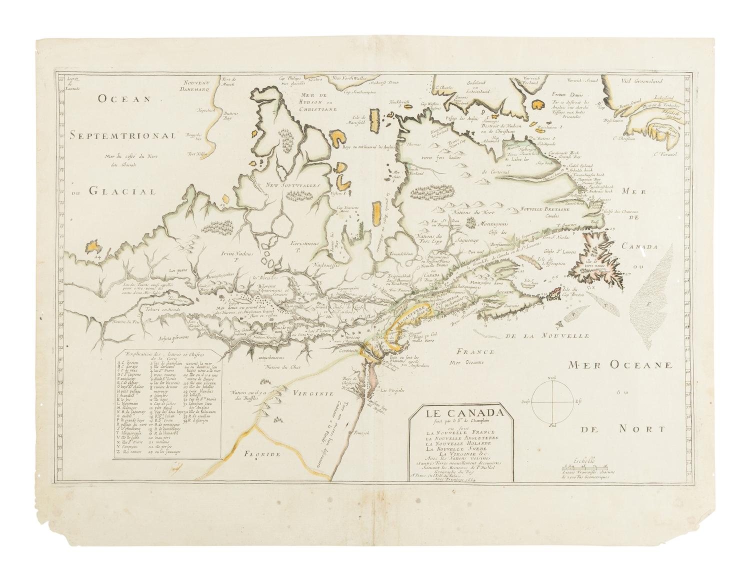 [MAP]. CHAMPLAIN, Samuel De (1574-1635) and Pierre DU VAL (1619-1683). Le Canada Faict par le Sr de Champlain ou sont La Nouvelle France, La Nouvelle Angleterre, La Nouvelle Holande, La Nouvelle Suede, La Virginie &c. Avec les Nationes Voisines . Paris, ca 1664.