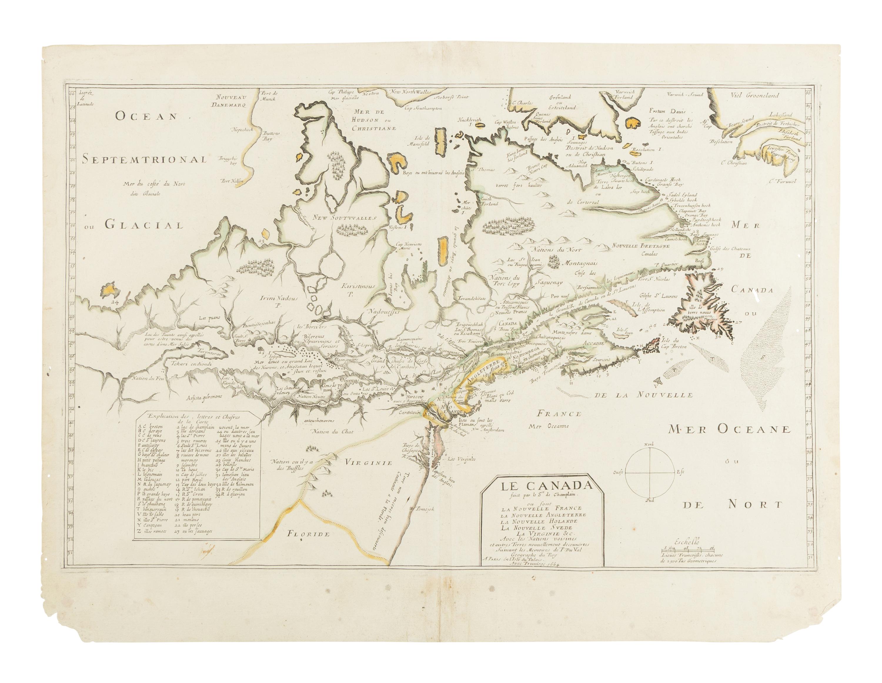 [MAP]. CHAMPLAIN, Samuel De (1574-1635) and Pierre DU VAL (1619-1683). Le Canada Faict par le Sr de Champlain ou sont La Nouvelle France, La Nouvelle Angleterre, La Nouvelle Holande, La Nouvelle Suede, La Virginie &c. Avec les Nationes Voisines . Paris, ca 1664.