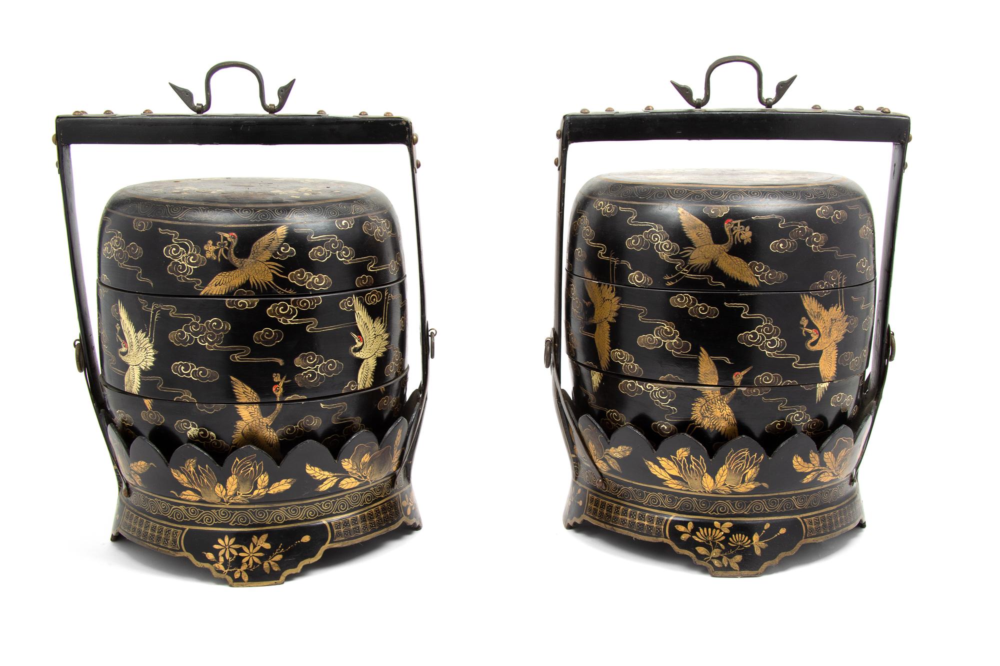 A Pair of Chinese Polychrome and Black Lacquer Baskets