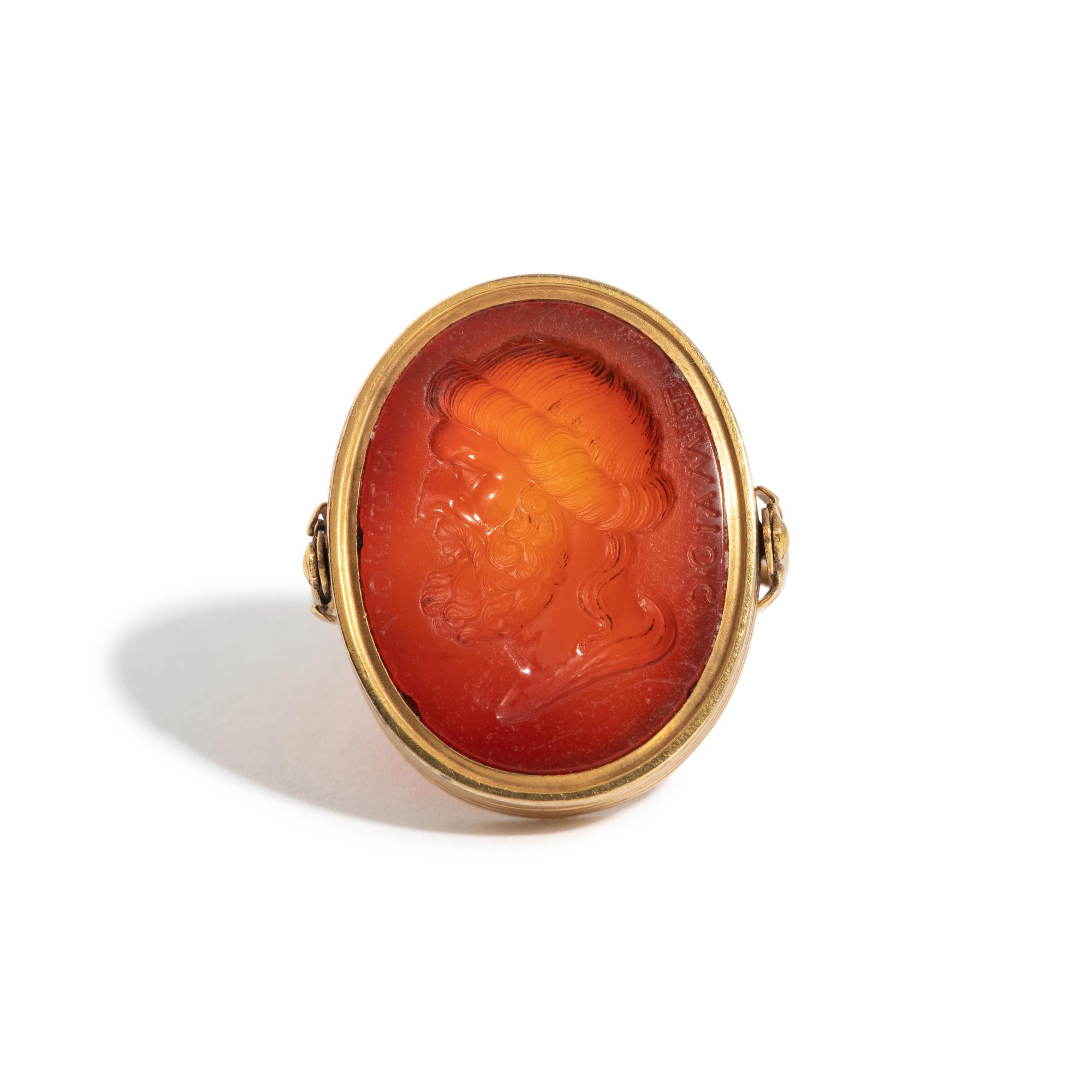 A Neoclassical Gold and Carnelian Finger Ring with a Male Portrait Head of Timaeus of Locris