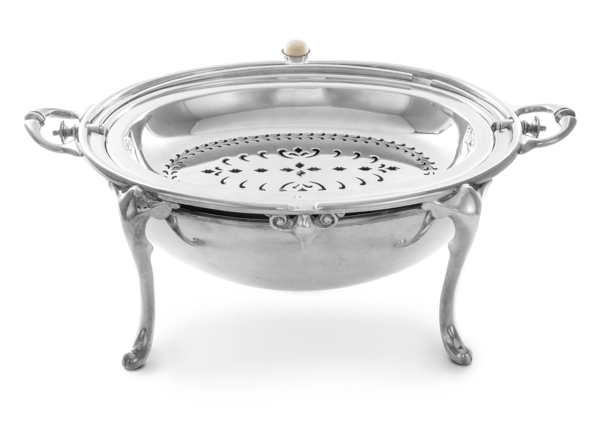 An English Silver-Plate Bacon Warmer, F.B. Thomas & Co., London, First Half 20th Century, of ovoid form, raised on splayed legs and mon
