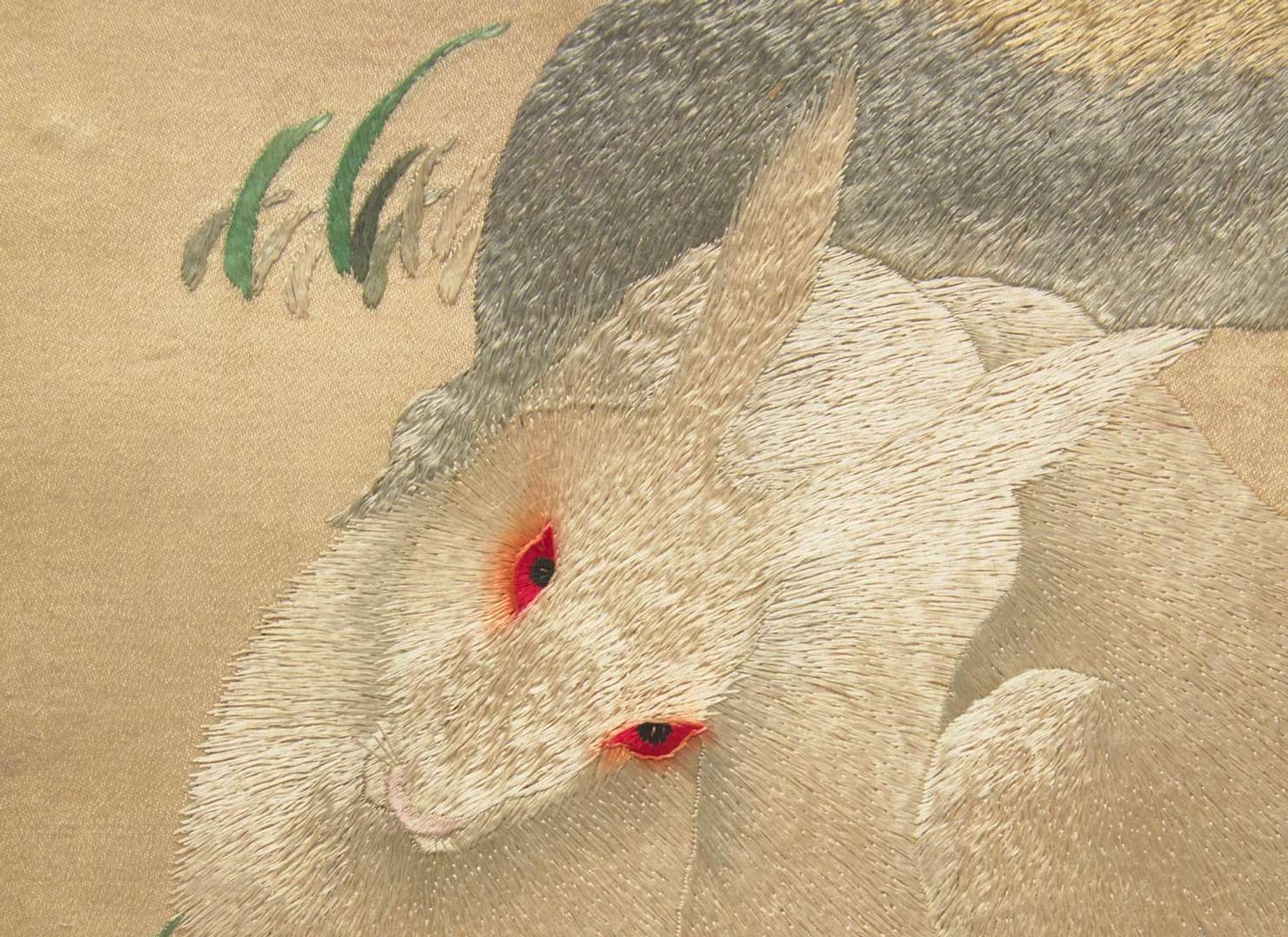 A Chinese embroidery depicting two rabbits and cabbage 刺繡小兔與白菜